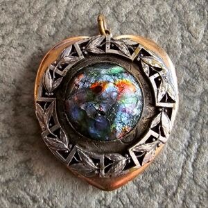 Antique locket pendant art glass cabochon heart Art Nouveau